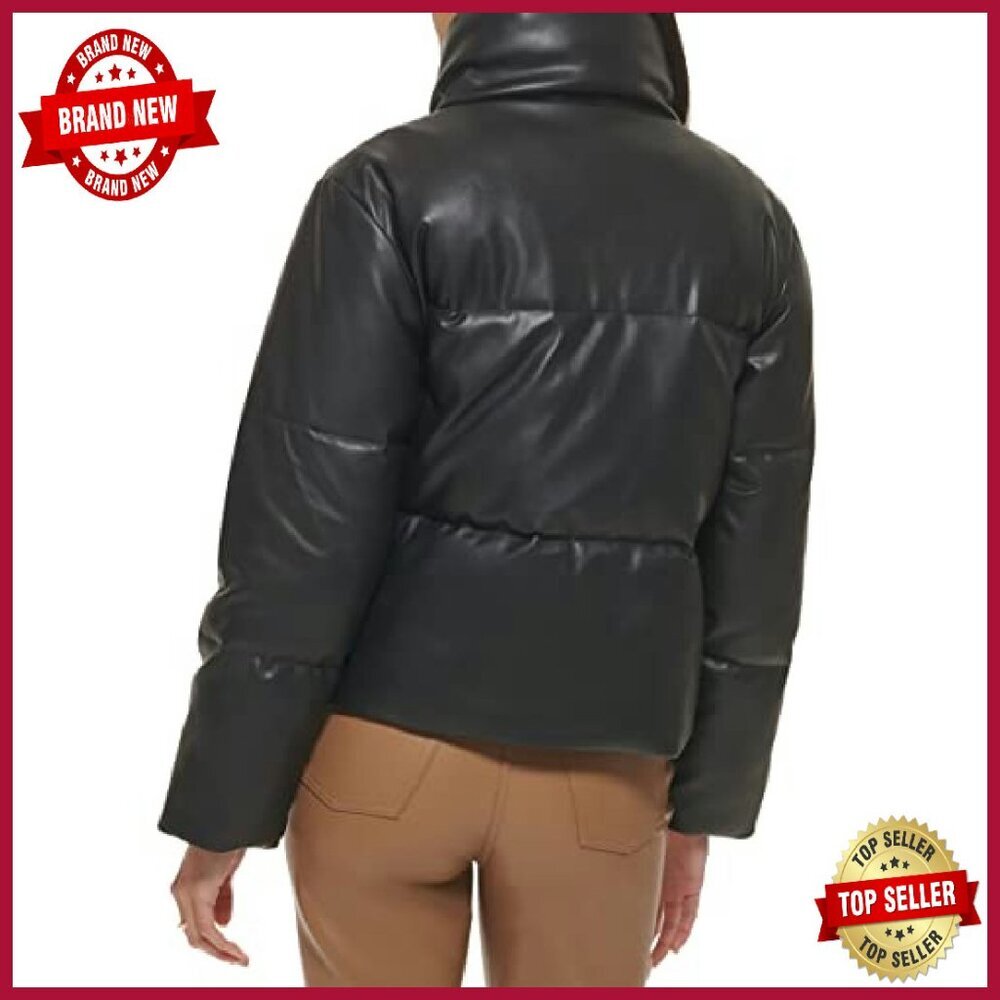 Quilted Vegan Leather Puffer Jacket Cropped Water-Resistant Women's Size - Picture 3 of 8